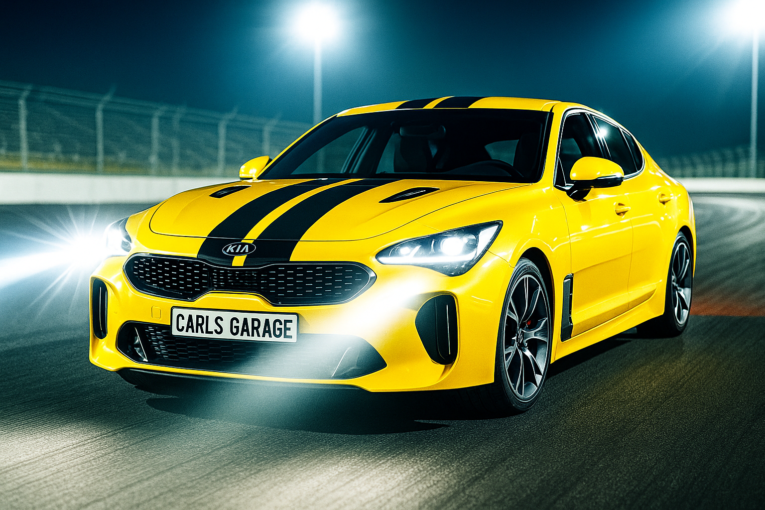 a very bright picture, of a yellow kia stinger with black racing stripes down the middle. The car is at the tract and the high beam headlights are shining bright. The license plate says "carls garage"