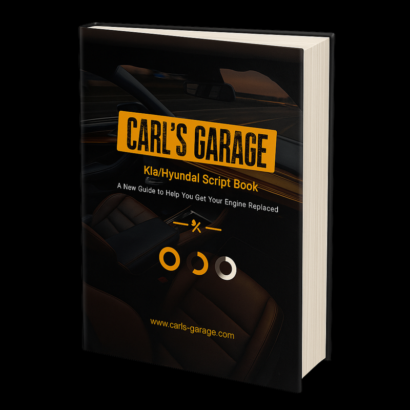 Book titled 'Carl's Garage KIA/Hyundai Script Book' on a black background