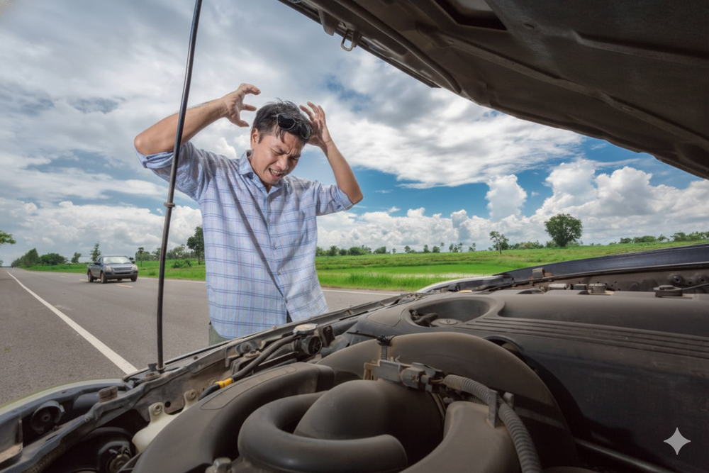 Frustrated car owner dealing with engine breakdown and denied warranty claim