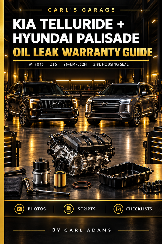 Cover of the Kia Telluride and Hyundai Palisade oil leak warranty guide, showing the SUVs, a V6 engine, and oil service parts.