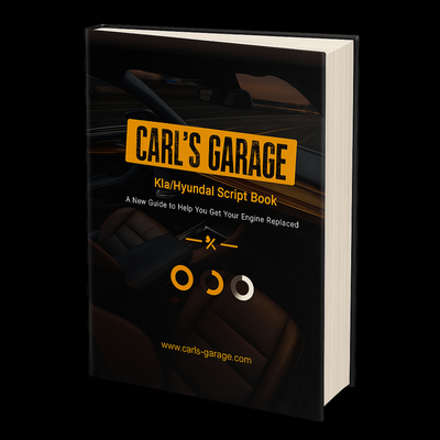 Book titled 'Carl's Garage KIA/Hyundai Script Book' on a black background
